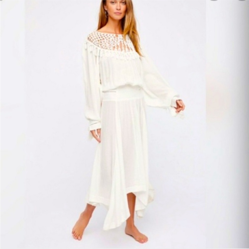 Free People Camille ivory gauze Boho Midi macrame neck Dress oversized small